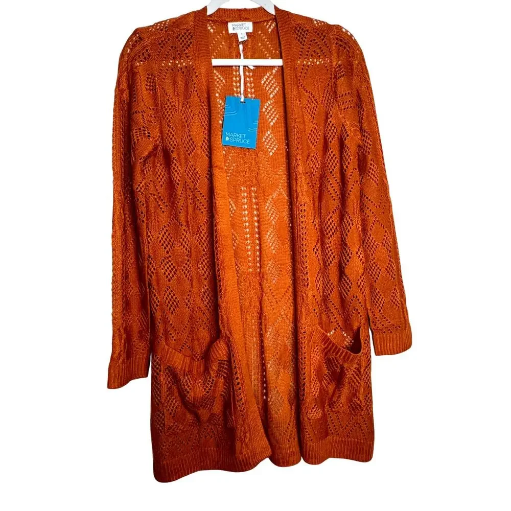 Market & Spruce Cecily Pointelle Open Duster Cardigan Orange NWT Size Small